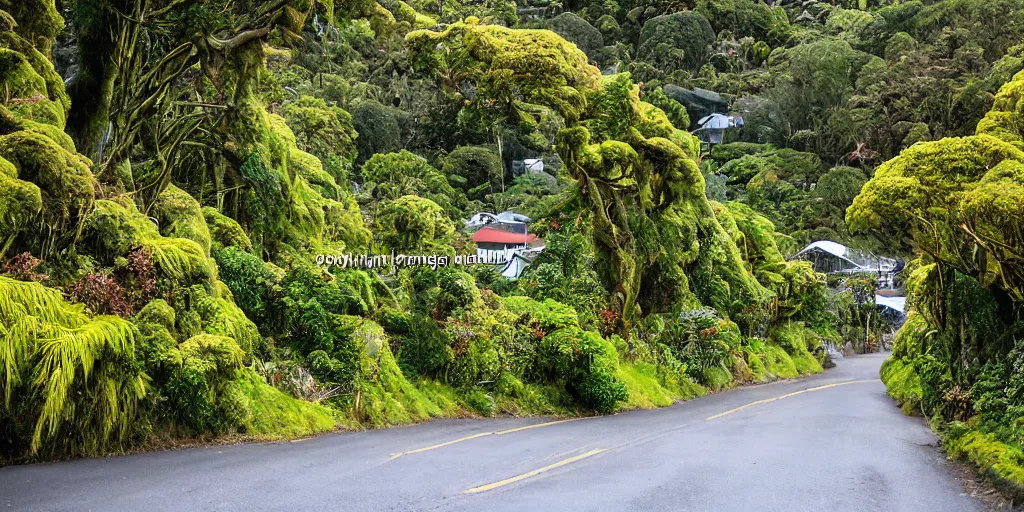 Prompt: a street in khandallah, wellington, new zealand lined by new zealand remnant ancient montane forest. podocarp, rimu, kahikatea, mountain cabbage trees, moss, vines, epiphytes, birds. windy rainy day. people walking in raincoats. 1 9 0 0's colonial cottages. harbour in the distance.