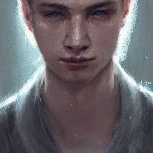 Image similar to Portrait of a man by Greg Rutkowski, he is about 20 years old, west slav features, short blonde hair with bangs, attractive, smart looking, slim, somewhat androgenic, he is wearing a white and black utilitarian jumpsuit, highly detailed portrait, scifi, digital painting, artstation, concept art, smooth, sharp foccus ilustration, Artstation HQ