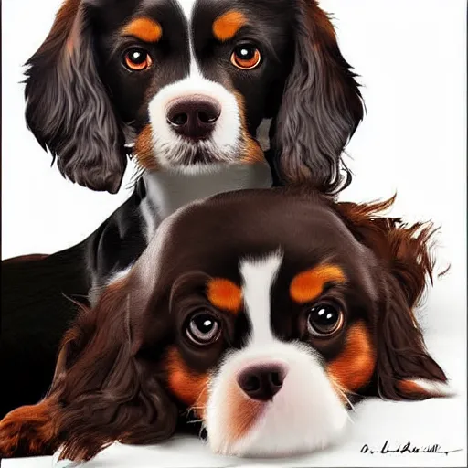 Prompt: digital art, black cavalier king charles sitting with a all brown short haired dashhound