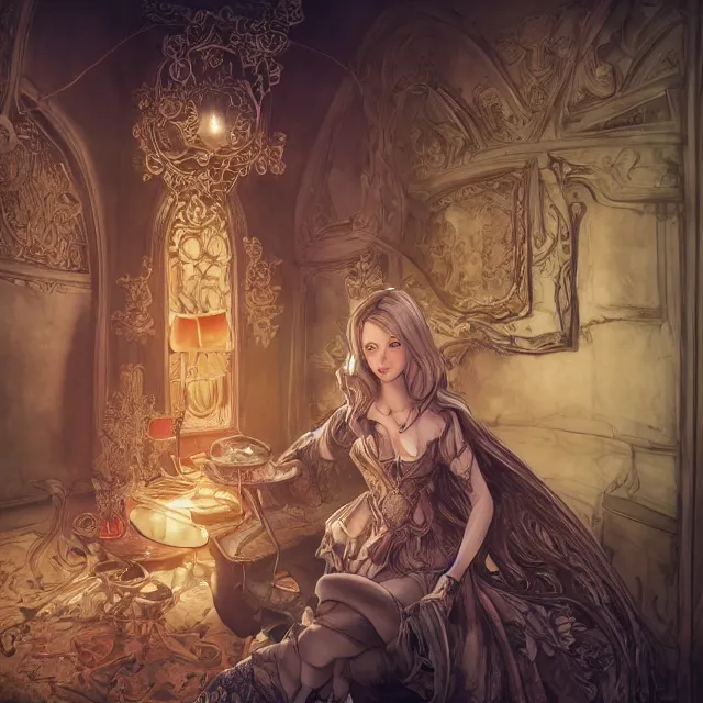 Image similar to the portrait of the lawful evil sorceress lawyer as an absurdly beautiful, conniving, elegant, jaded, woman, an ultrafine hyperdetailed illustration by kim jung gi, irakli nadar, intricate linework, bright colors, octopath traveler, final fantasy, unreal engine 5 highly rendered, global illumination, radiant light, detailed and intricate environment