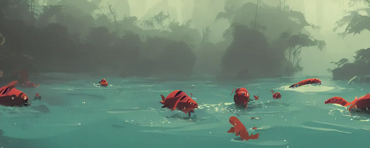 Image similar to piranhas swimming in a tropical river, atey ghailan, goro fujita, studio ghibli, rim light, ominous lighting, clear focus, very coherent