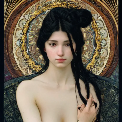 Prompt: highly detailed portrait of a beautiful cute girl with birds, endless black hair, with pale skin, fibonacci, fragile, sitted on an intricate stone throne by alphonse mucha, ayami kojima, yoshitaka amano, charlie bowater, karol bak, greg hildebrandt, jean delville, and mark brooks, 4 k resolution