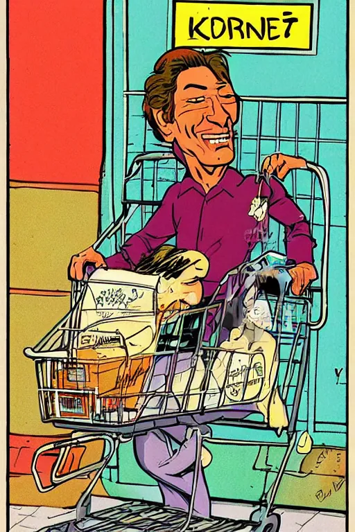 Image similar to jim varney in a shopping cart outside of k - mart, 6 0 ’ s style cartoon cover by jean henri gaston giraud, comic book artist moebius, comic book arzach style