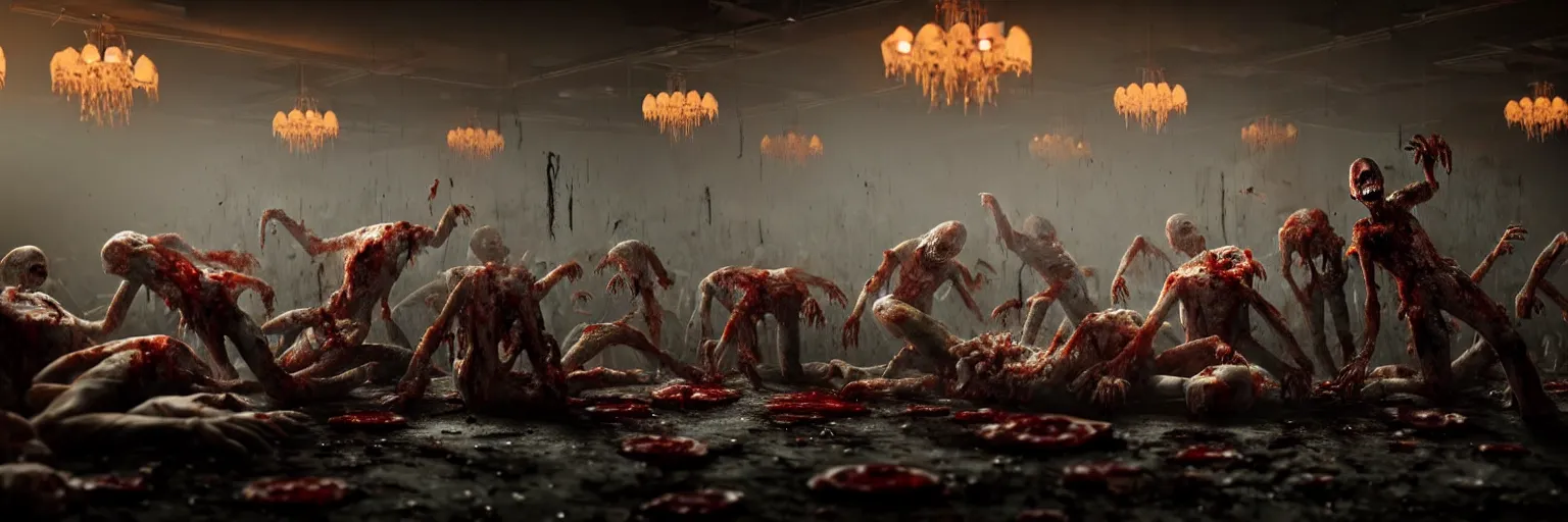 Prompt: undead zombies grabbing on moldy hamburgers with their hands inside a dark dingy restaurant, moldy hamburgers of various type all pile up very high around them, atmospheric lighting, foggy, very intricate details, hyper realistic, 8 k, movie concept art, octane render, - h 5 1 2