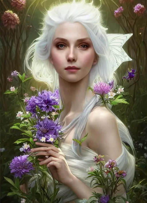 Image similar to a beautiful white haired woman as a fairy princess in a garden holding a bunch of wild flowers, deep focus, d & d, fantasy, intricate, elegant, highly detailed, digital painting, artstation, concept art, matte, sharp focus, illustration, hearthstone, art by artgerm and greg rutkowski and alphonse mucha