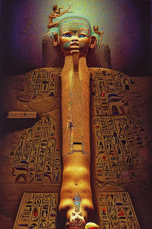 Image similar to a hyperrealistic painting of a ancient egyptian mummies tomb with magical iridescent scarabs and embellished ornate old statues walls of hieroglyphics, cinematic horror by chris cunningham, lisa frank, richard corben, highly detailed, vivid color, beksinski painting, part by adrian ghenie and gerhard richter. art by takato yamamoto. masterpiece