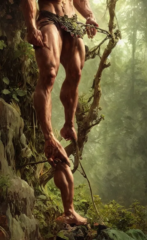 Image similar to god of the forest, 3 0 years old, rugged, male, gorgeous, detailed face, amazing, thighs!!!!!!, muscular, intricate, highly detailed, digital painting, artstation, concept art, sharp focus, illustration, art by greg rutkowski and alphonse mucha