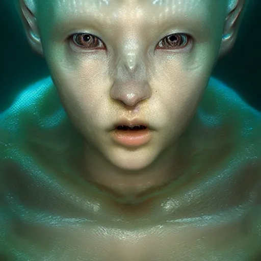 Image similar to ultra realistic horror photo of a dimly lit translucent female alien creature underwater, very intricate details, focus, full frame image, curvy, model pose, artwork by tooth wu and wlop and greg rutkowski, award winning