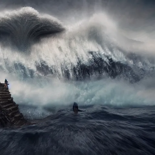 Prompt: 1,700 foot tsunami by Jimmy Nelson and Annie Leibovitz, trending on artstation, 8k resolution