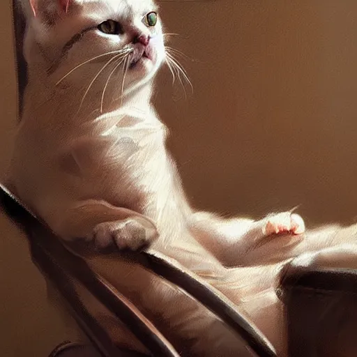 Prompt: cat sitting in a chair, painting, by greg rutkowski and igor kieryluk, photo realistic, dynamic lighting, artstation, poster, volumetric lighting, very detailed face, 8 k, award winning