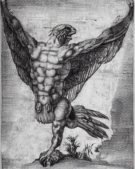 Image similar to human / eagle / lion / ox hybrid with two horns, one big beak, mane, human body. drawn by leonardo da vinci