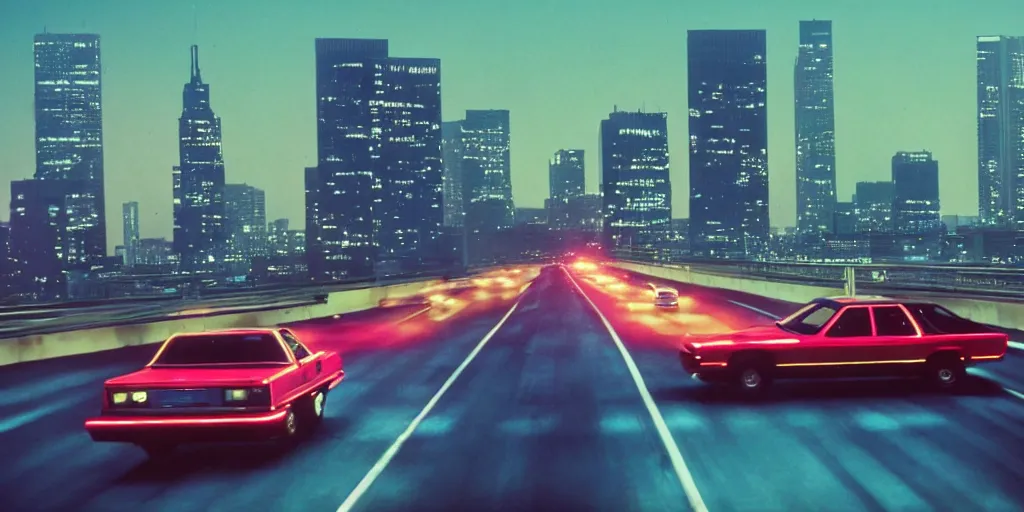 Image similar to 8 0 s neon movie still, high speed car chase on the highway with city in background, medium format color photography, 8 k resolution, movie directed by kar wai wong, hyperrealistic, photorealistic, high definition, highly detailed, tehnicolor, anamorphic lens, award - winning photography, masterpiece