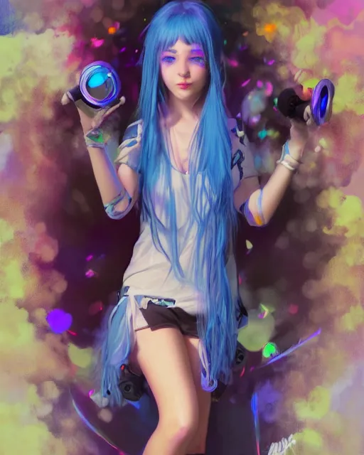 Image similar to pretty girl djing at a rave, blue hair, rem rezero, sharp focus, digital painting, 8 k, concept art, art by wlop, artgerm, greg rutkowski and alphonse mucha