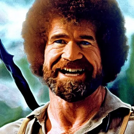 Image similar to A still of Bob Ross as Rambo in Rambo First Blood (1982), cinematic shot, dramatic lighting