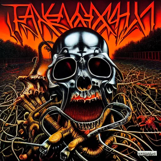 Prompt: thrash metal album cover in the style of stefan kostic, 1985, realistic, sharp focus, 8k high definition, insanely detailed, intricate, elegant
