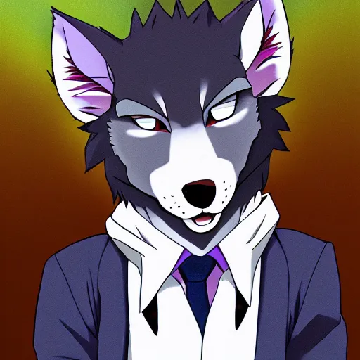 Image similar to anime still an anthro grey wolffurry fursona in a school uniform, handsome anime eyes, key anime visuals with indoor anime background