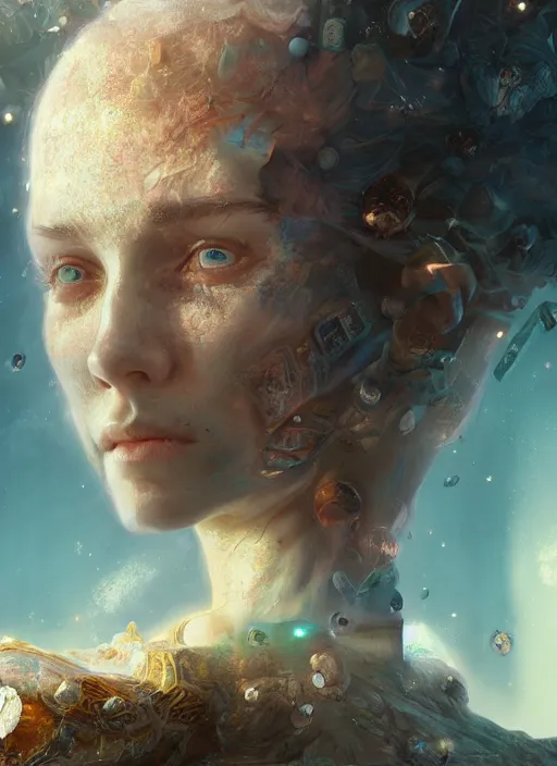 Image similar to fantasy portrait of world as human sad on space, au naturel, hyper detailed, digital art, trending in artstation, cinematic lighting, studio quality, smooth render, unreal engine 5 rendered, octane rendered, art style by klimt and nixeu and ian sprigger and wlop and krenz cushart.