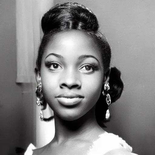 Image similar to black and white photo of a beautiful and elegant 1 9 6 5 young black actress