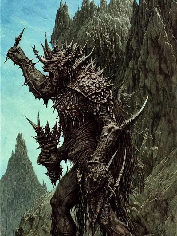 Prompt: A powerful large fanged orc with pale skin covered in scars stands near the mountains, wearing spiky complex detailed armor without a helmet. Extremely high detail, realistic, fantasy art, scars, solo, masterpiece, saturated colors, art by Zdzisław Beksiński, Arthur Rackham