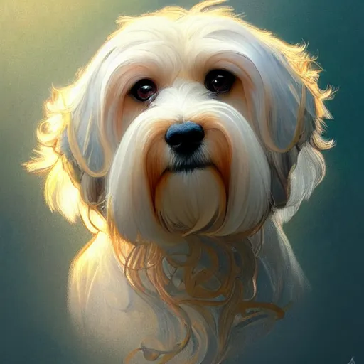 Image similar to beautiful detailed picture of a havanese dog, radiant light, art nouveau, intricate, elegant, highly detailed, my rendition, digital painting, artstation, concept art, smooth, sharp focus, illustration, art by artgerm and greg rutkowski and alphonse mucha