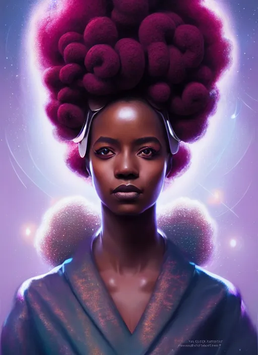 Image similar to portrait of young black woman with bantu knots, afro - futurist style, intricate, elegant, exploding nebulae, highly detailed, digital painting, artstation, concept art, smooth, sharp focus, illustration, art by wlop, mars ravelo and greg rutkowski