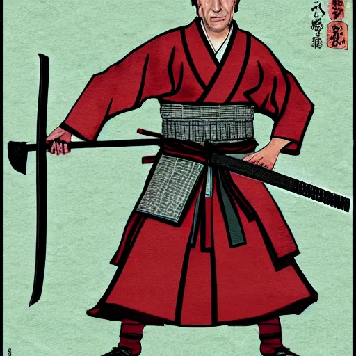 Image similar to saul goodman from breaking bad wearing samurai armor and holding a katana in feudal japan, 4 k, hyper realistic, ink block painting, edo period