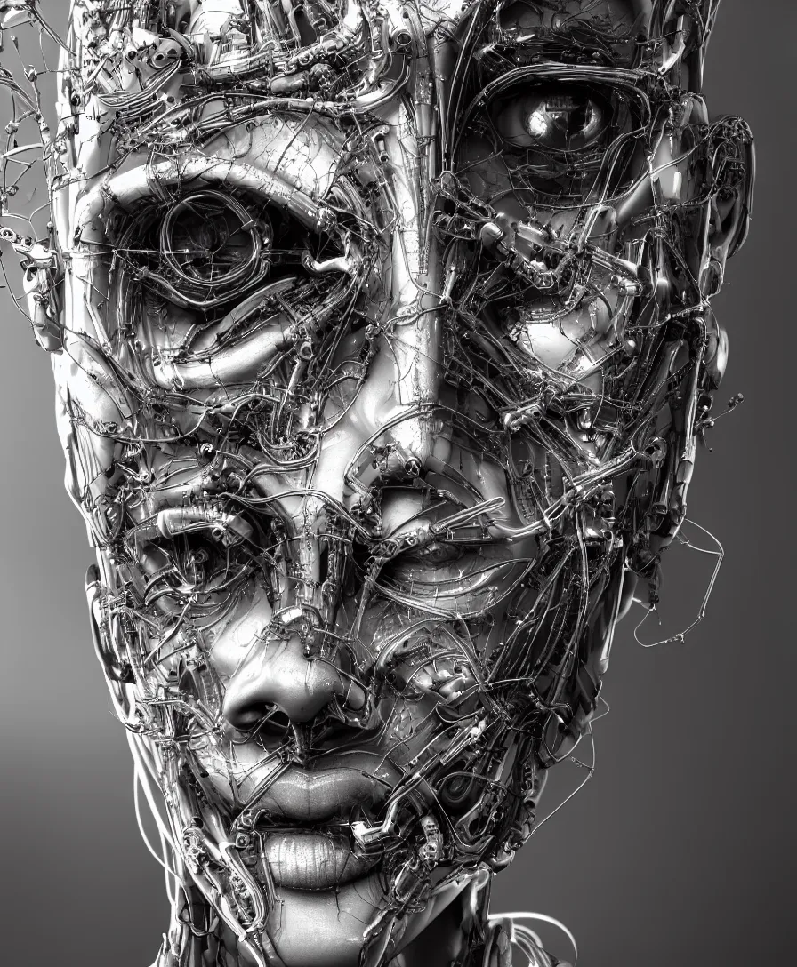 Prompt: a beautiful close up portrait of human face, with epic bionic cyborg implants, wires, tubes, biomechanical details, liquid, prismatic highlights, symmetrical, cinematic, concept art, 5 0 mm, artstation, elegant, focus, octane render, vray, by h. r. giger