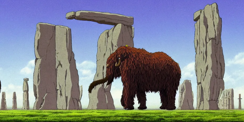 Image similar to a realistic cell - shaded studio ghibli concept art from paprika ( 2 0 0 6 ) of a giant wooly mammoth and a grey warrior in a flooded monument valley stonehenge easter island on a misty starry night. very dull colors, wide shot, hd, 4 k, hq