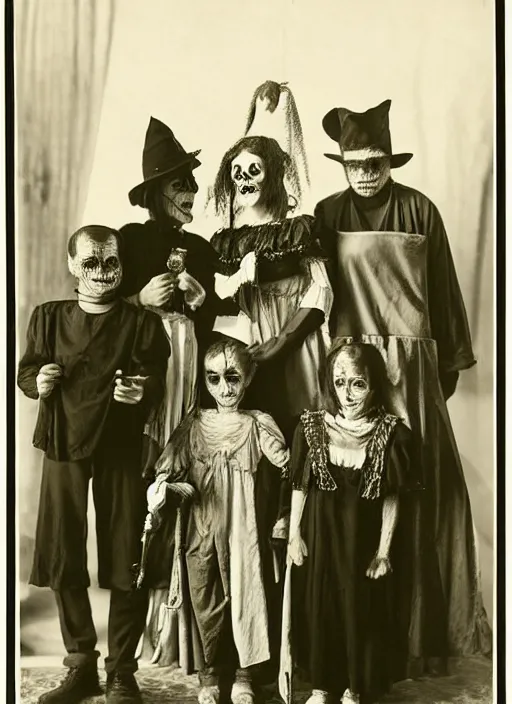 Prompt: photograph from 1902 of Halloween trick or treaters wearing Universal Monsters costumes, highly detailed, vintage film