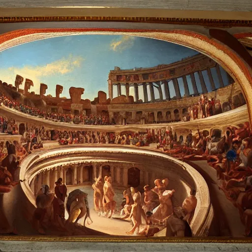 Prompt: a marble coliseum filled with roman people, oil painting,