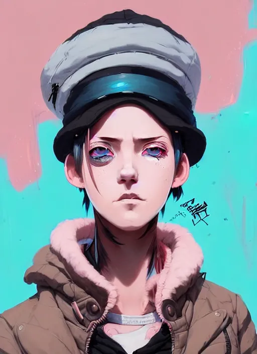 Prompt: highly detailed portrait of a street punk lady student, blue eyes, bubble jacket, hat, white hair by atey ghailan, by greg rutkowski, by greg tocchini, by james gilleard, by joe fenton, by kaethe butcher, gradient pink, black, brown and light blue color scheme, grunge aesthetic!!! ( ( graffiti tag wall background ) )