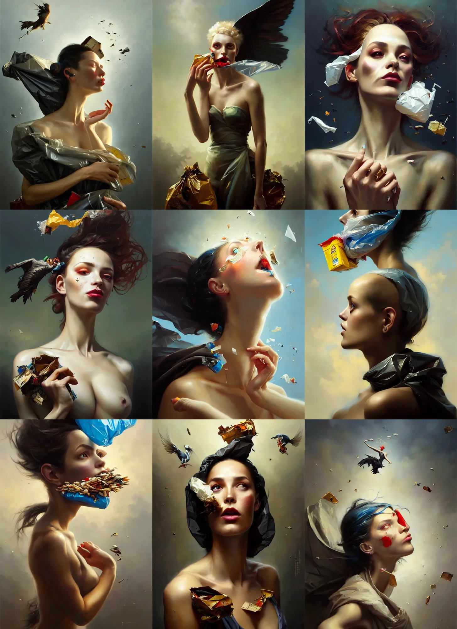Prompt: fine art portrait oil painting of a beautiful woman with garbage flying into her face, wearing a plastic garbage bag, fine features, perspective, ultra detailed, elegant, intricate, dynamic lighting, hyperrealism, sharp focus, art by peter mohrbacher and tom bagshaw and andrei riabovitchev