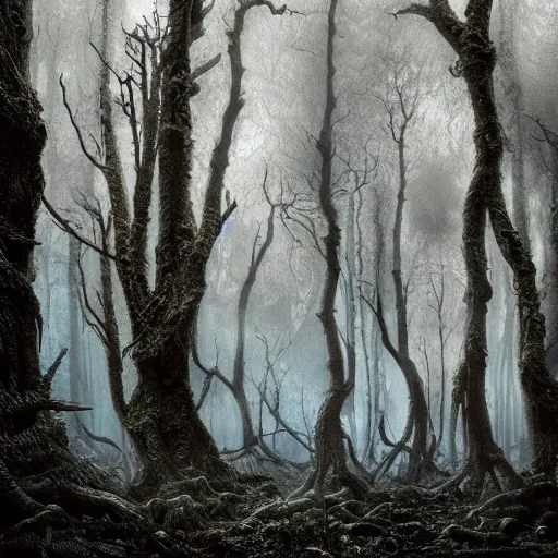 Image similar to photorealistic eerie forest of the eldritch best in the style of michael whelan and gustave dore. hyperdetailed photorealism, 1 0 8 megapixels, amazing depth, glowing rich colors, powerful imagery, psychedelic overtones, 3 d finalrender, 3 d shading, cinematic lighting, artstation concept art