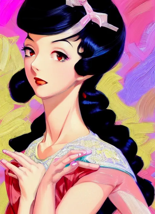 Image similar to a beautiful dancer with black hair in 1940's fashion, ballroom background, intricate, highly detailed, digital painting, artstation, official media, anime key visual, concept art, rich vivid colors, ambient lighting, sharp focus, illustration, art by Artgerm, Makoto Shinkai, Ilya Kuvshinov, Lois Van Baarle, and Rossdraws