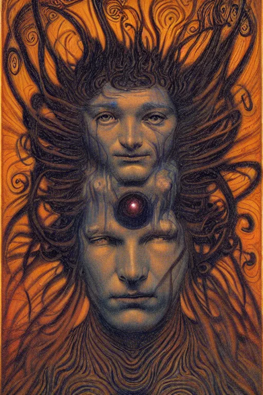 Image similar to the face of the black hole sun, in the style of gustav moreau, jean delville,  Gaston Bussiere and wayne barlowe composition by austin osman spare