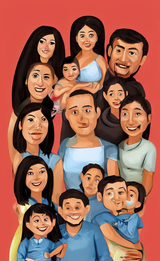 Prompt: a front view family portrait of a smiling hispanic pregnant lady illustration, trending on artstation