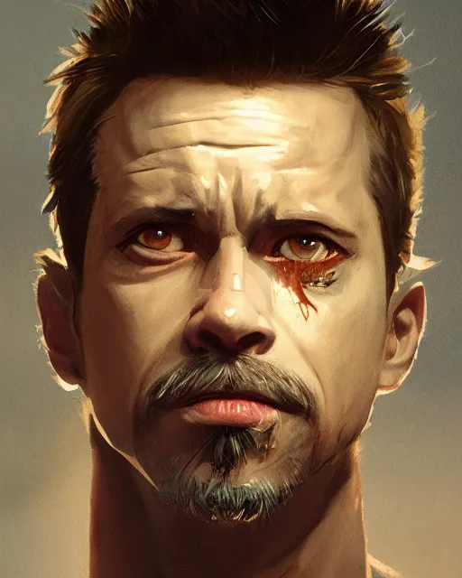 Prompt: painting portrait of Hobbes dressed as Tyler Durden in Star Fight Club, sharp focus, waist up, trending on ArtStation, masterpiece, by Greg Rutkowski, by Ross Tran, by Fenghua Zhong, octane, clear eyes, soft render, clear facial features, oil on canvas, moody lighting, cinematic, professional environment concept art