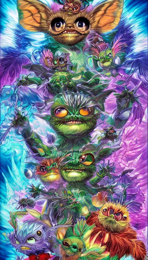 Image similar to gremlins vs mothra vs stephen hawkin art by Noriyoshi Ohrai and Lisa Frank