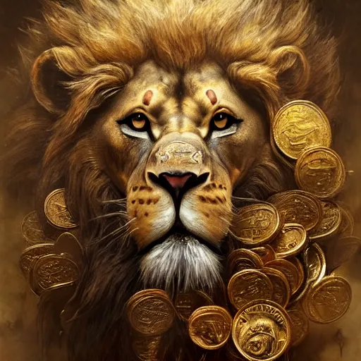 Image similar to a beautiful detailed 3 d matte portrait of a alchemist lion, by ellen jewett, by tomasz alen kopera, by justin gerard, ominous, magical realism, texture, intricate, skull, skeleton, gold coins, money, whirling smoke, alchemist bottles, radiant colors, fantasy, volumetric lighting, high details