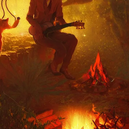 Image similar to cute caracals in red ties playing a guitar near campfire, night, atmospheric lighting, intricate, volumetric lighting, digital art, highly detailed by gaston bussiere, craig mullins, j. c. leyendecker 8 k