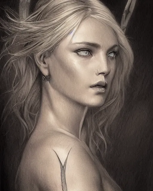Image similar to tattoo sketch of beautiful greek goddess aphrodite, bow and arrow, beautiful piercing eyes, flowing blonde hair, realistic face, hyper realistic, in the style of greg rutkowski, fantasy, amazing detail, epic, intricate, elegant, smooth, sharp focus