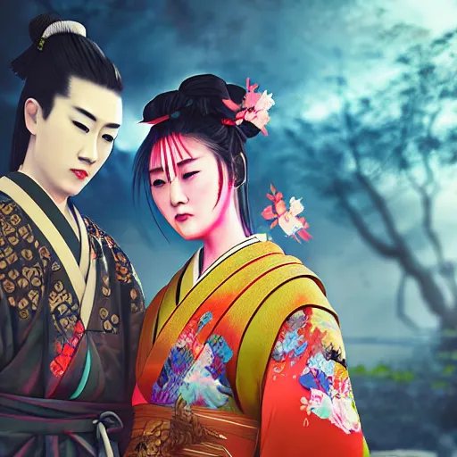 Image similar to A Japanese samurai with a Japanese geisha. 8K 3D acrylic art colourful CryEngine beautiful artwork digital illustration DSLR HDR glowing neon maximalist polished pixiv Unreal Engine vast clear photo filigree designs , by SiChen Wang