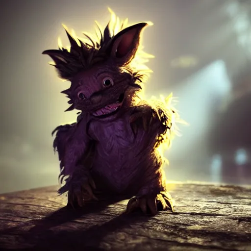 Image similar to full body pose, hyperrealistic photograph of a cute fuzzy goblin monster, dim volumetric lighting, 8 k, octane beautifully detailed render, extremely hyper detailed, intricate, epic composition, cinematic lighting, masterpiece, trending on artstation, very very detailed, stunning, hdr, smooth, sharp focus, high resolution, award, winning photo, dslr, 5 0 mm