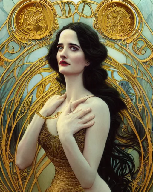 Image similar to eva green | highly detailed | very intricate | art nouveau | gold filigree | storybook illustration | soft cinematic lighting | award - winning | painted by mandy jurgens and alphonse mucha and alena aenami | pastel color palette | featured on artstation