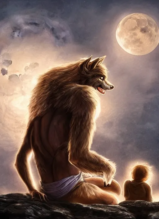 Prompt: a werewolf and a human child sitting next to each other, seen from behind, looking at the moon, fantasy art, matte painting, highly detailed