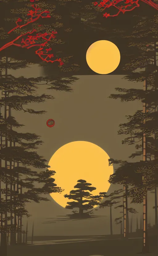 Image similar to hanafuda, a big red charm is floating above a forest of japanese pines, a big red sun in the background, original style, front game card, vector line art, trending on behance, concept art, stunning, matte