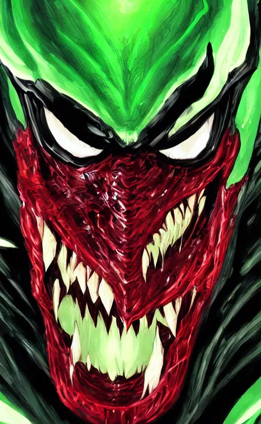 Image similar to portrait of venom as the green goblin, black and red, dynamic lighting, cinematic, ultra detailed, trending on art station, stunning visuals, creative, fantasy concept art