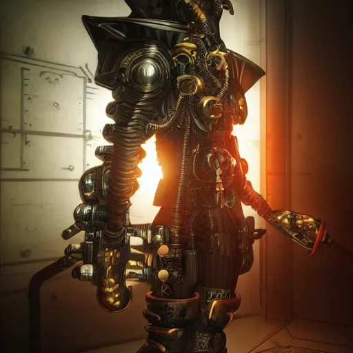 Image similar to a manga character in a futuristic room, black and orange steampunk armor, highly detailed, render, vray, octane, realistic lighting, by nihei tsutomu