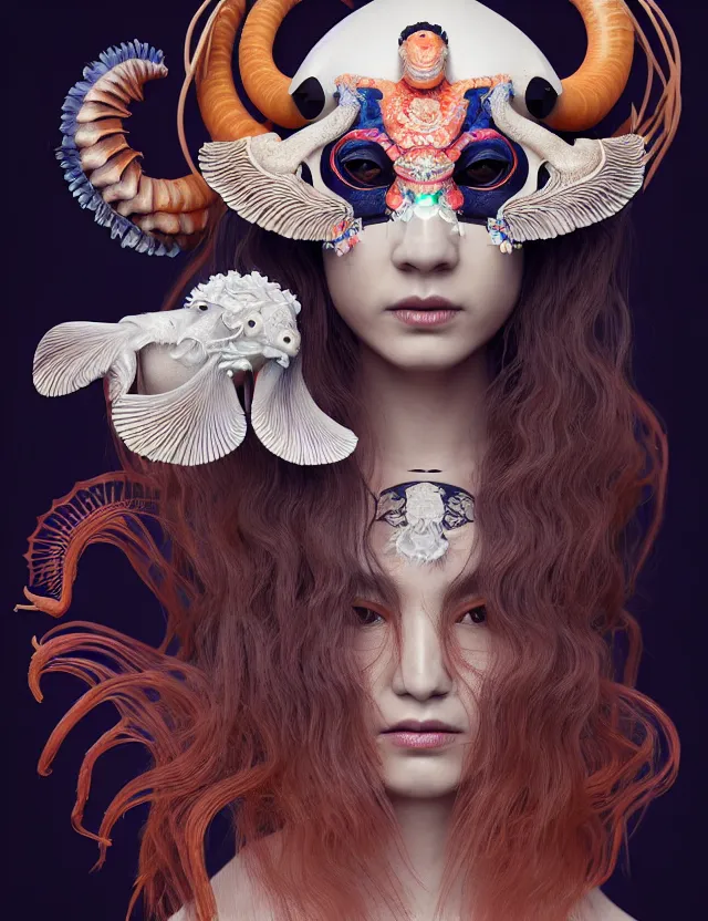 Image similar to 3 d slvic goddess half - turn portrait with long hair with ram skull. beautiful intricately detailed japanese crow kitsune mask and clasical japanese kimono. betta fish, jellyfish phoenix, bio luminescent, plasma, ice, water, wind, creature, artwork by tooth wu and wlop and beeple and greg rutkowski