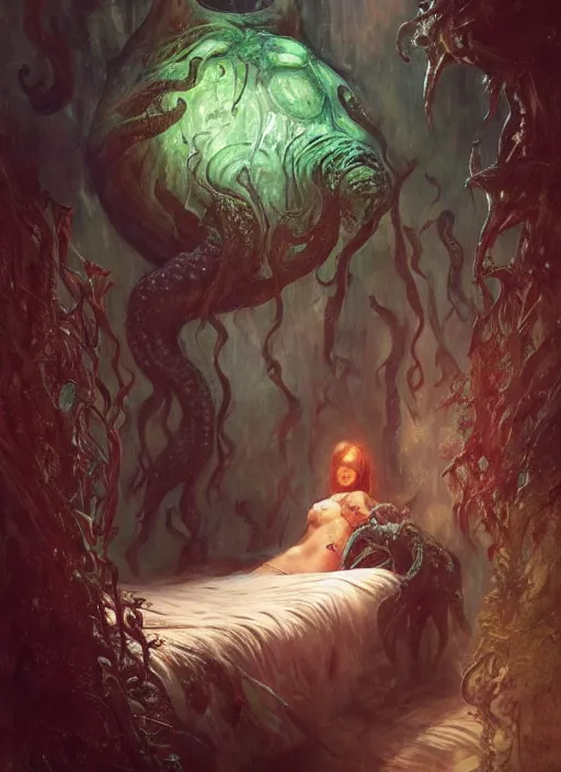 Image similar to my bed is a forest with a giant cthulhu eyes in the dark by gaston bussiere, anna nikonova aka newmilky, greg rutkowski, yoji shinkawa, yoshitaka amano, moebius, donato giancola, geoffroy thoorens, trending on artstation, featured on pixiv, cinematic composition